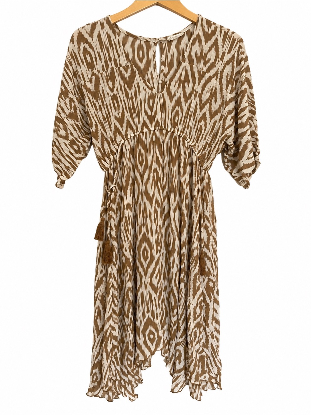 Brown Ikat Long Sleeve Midi Dress with Tie Waist